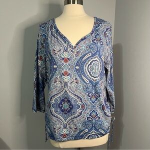Caribbean Joe XL Multicolor Blue Ruched Sides with Ties Top Blouse